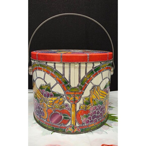 Vintage Tin Container with Fruit and Vegetable Stained Glass Pattern Fall Decor - Picture 4 of 11